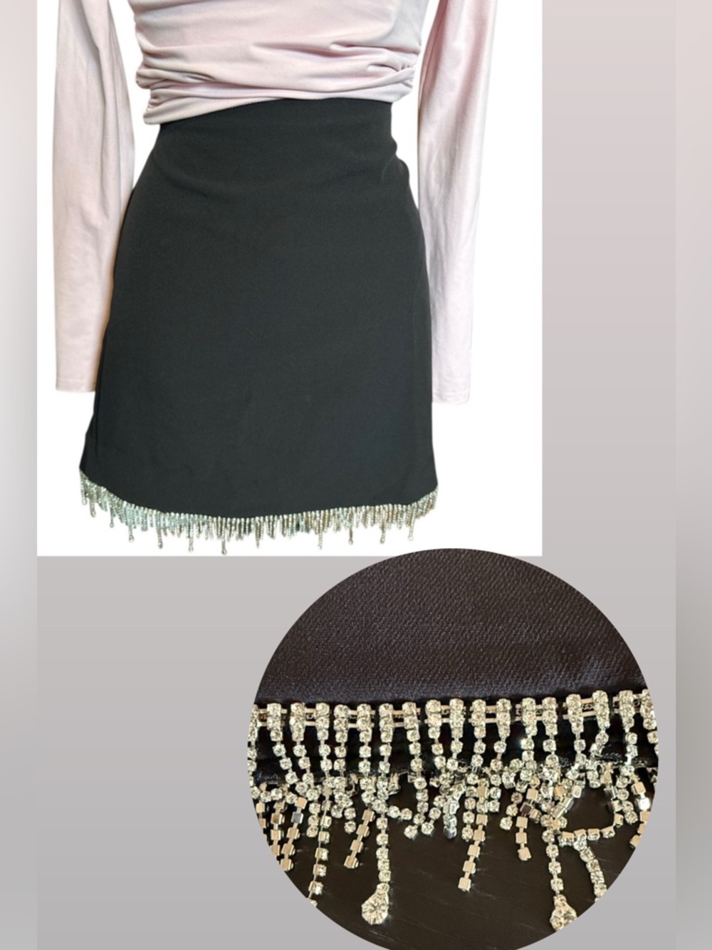 Rachel Zoe Women’s Black Mini Skirt with Rhinestones Fringe Hem size 10 Like New